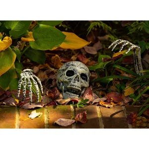 Detailansicht Halloween-Skelett-Set mit Totenkopf und Händen zwischen Blättern.