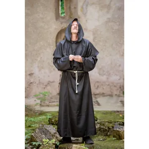 Detailed view of a black medieval monk priest robe costume with hood and cross accessory