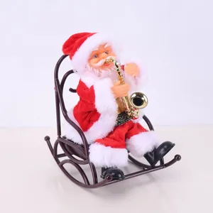 Detailed view of electric Santa Claus figure playing a saxophone on a rocking chair