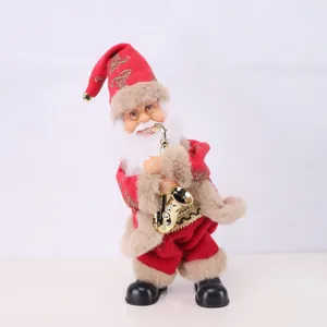 Close-up of a standing electric Santa Claus doll playing a golden saxophone for holiday decor