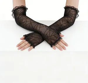 Close-up view of long fingerless lace gloves with black spiderweb pattern for Halloween