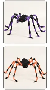 Vista detallada de grandes arañas de peluche de Halloween en colores púrpura y naranja