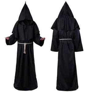 Front and back view of black medieval monk robe with pointed hood and white rope belt
