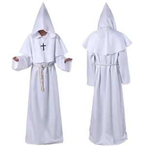White Halloween hooded priest robe costume set with rope belt and cross necklace accessory