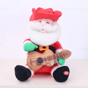 Animated Santa Claus plush figure playing a guitar, ideal for holiday window display.