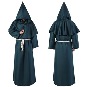 Full front and back view of medieval hooded monk priest robe with cross and rope belt.