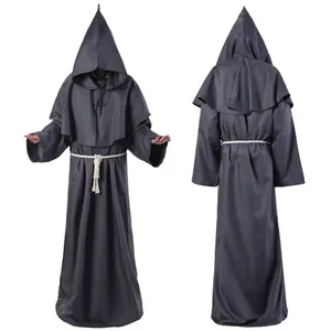 Front and back view of grey hooded medieval monk robe with rope belt