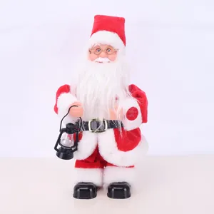 Electric standing Santa Claus plush doll holding a vintage black lantern for Christmas decor