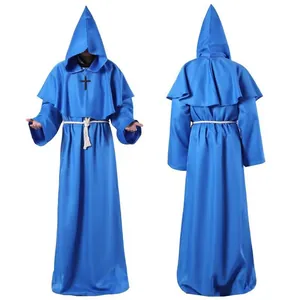 Front and back detail of blue medieval priest robe with hooded cloak for cosplay