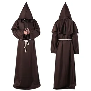 Detailed view of brown medieval monk robe with hood and rope belt for cosplay