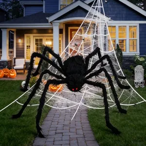 Gran araña negra peluda con ojos rojos y telaraña gigante para decoración Halloween