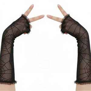 Halloween black spider web mesh fingerless long gloves with lace ruffles for women