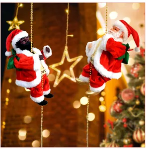 Detailed view of electric climbing Santa Claus toys on golden bead chains for Christmas decor