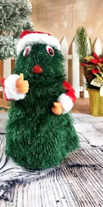 Detailed view of a 30cm animated singing and dancing plush Christmas tree toy with Santa hat.