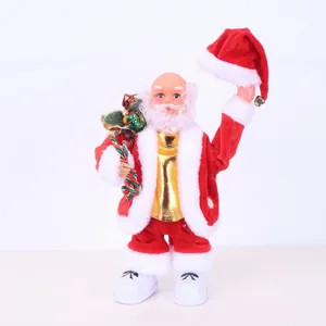 Detail view of standing electric Santa Claus figurine with gift sack and hat