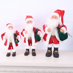 Detailed display of three standing Santa Claus dolls in graduated sizes for decoration