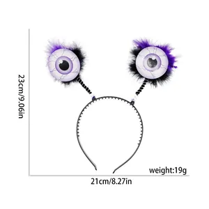 Vue détaillée du serre-tête Halloween œil violet avec dimensions 23cm de haut et poids 19g