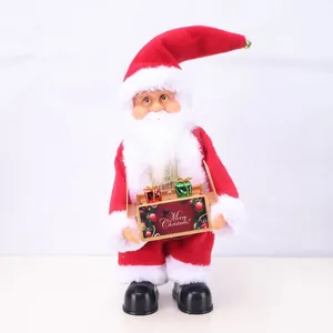 Detailed view of standing electric Santa Claus doll holding Merry Christmas gift box