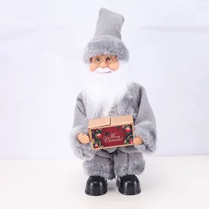 Close-up of electric standing Santa Claus figurine in gray suit for Christmas decoration