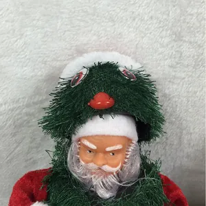 Close-up view of 30cm electric dancing Santa Claus toy featuring a decorative green fuzzy hat