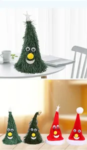 Detailed view of electric 6-inch Christmas tree and hat toys with cute cartoon faces.