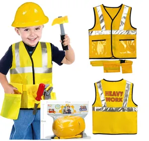 Detailed view of kids' construction engineer costume including vest, hat, and toy tools