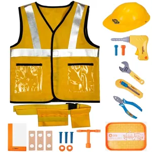 Kids construction worker costume set with yellow vest tools and hat for Halloween dress up