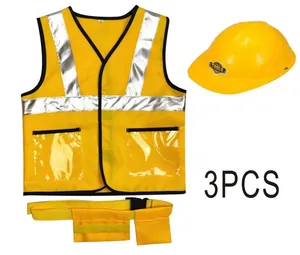 Detailed view of 3-piece kids construction worker costume with vest, hat, and belt.
