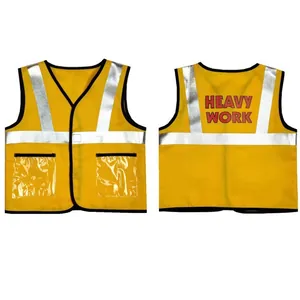 Front and back detail of kids yellow construction worker vest with HEAVY WORK print