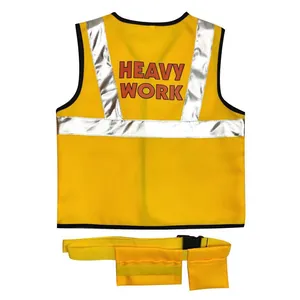 Yellow high-visibility construction worker costume for kids with vest and tool belt