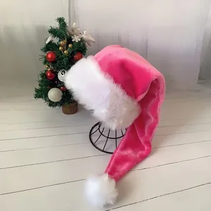 Extra long 75cm bright pink plush Santa hat with white fluffy trim and pom-pom detail