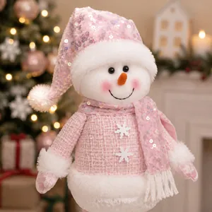 Close-up detail of a charming pink sequined Christmas snowman plush with soft white fur trim