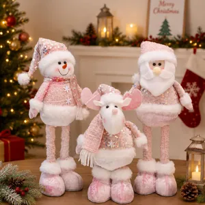 Set of three pink sequined telescopic Christmas dolls: Santa, snowman, and elk.
