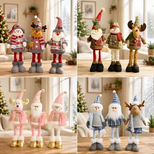 Vintage Plaid Fabric Christmas Telescopic Doll Long Legs Standing Reindeer Santa Claus Snowman Ornament Home Decor
