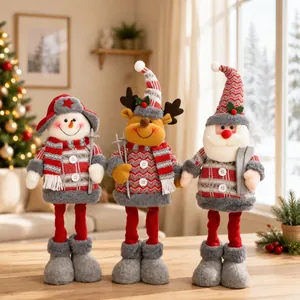 Trio of vintage plaid Christmas telescopic plush dolls: snowman, reindeer, and Santa Claus