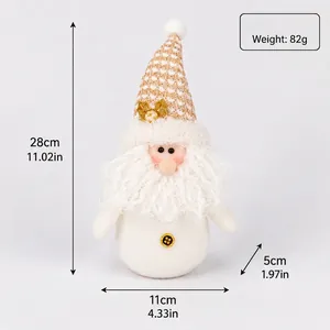 Detailed size guide of a plush Christmas snowman figurine with a knitted hat.