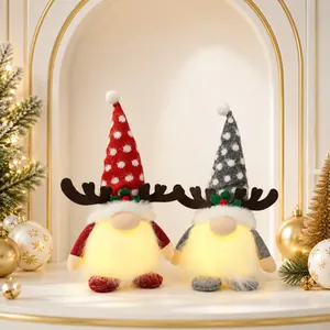 Nordic Style Christmas Gnome Plush Decoration With LED Light Elk Antlers Polka Dot Hat Faceless Old Man Desktop Ornament