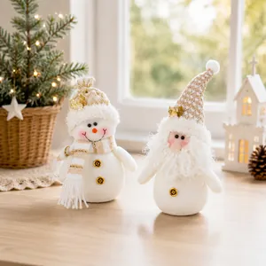 Plush Christmas Snowman Santa Figurine Knitted Hat Scarf Ornament White Gold Festive Home Decor Xmas Gift Decoration
