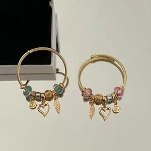 Stainless Steel DIY Charm Bracelet Gold Plated Adjustable Angel Wings Heart Pendant Beads Bangle For Women Friends Jewelry Gift