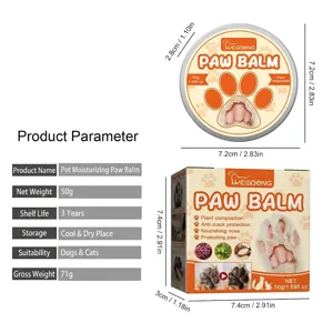 Detailed size and specifications for pet paw balm tin and box packaging.