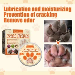 Detail view of pet paw balm showing before and after moisturizing effect for dogs