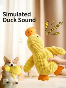 Detailed view of a yellow plush duck squeaky toy for dogs featuring durable corduroy texture.