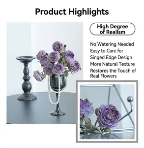 Close-up detail of purple artificial roses featuring realistic burnt edge design and texture