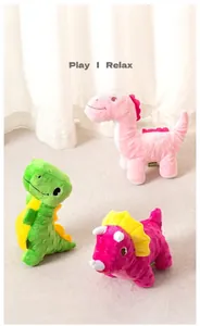 Detailed view of three colorful dinosaur plush squeaky dog toys with textured fabric