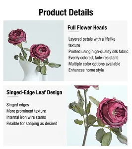 Detailed macro view of artificial roses with realistic silk petals and burnt edge leaves.