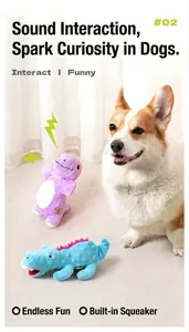 Squeaky plush dinosaur dog toys for interactive play featuring a cute Corgi pup