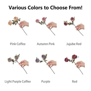 Close-up showing six color variants of 2-head artificial roses for home decoration.