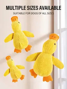 Detailed view of three sizes of durable squeaky plush yellow duck chew toys for dogs