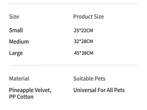 Size chart for pet plush duck toy with dimensions for small, medium, and large sizes