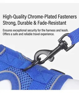 Close-up of durable metal clasp and breathable mesh on blue reflective pet harness